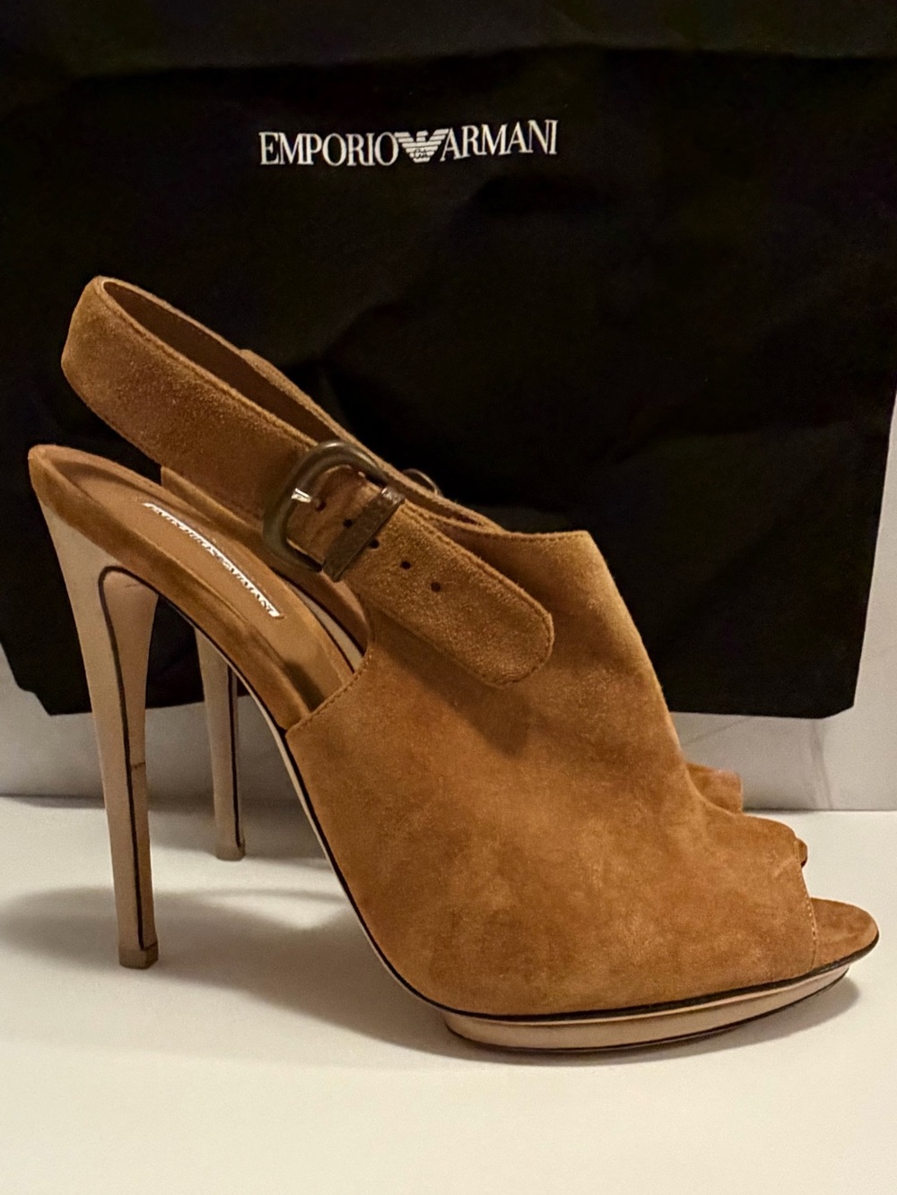 Emporio Armani Tan Suede Slingback Peep-Toe Stilettos - Picture 2 of 6